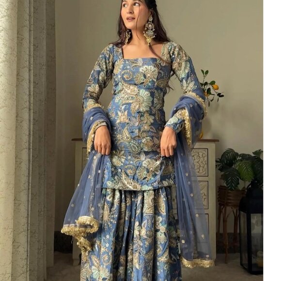 Designer Pakistani Royal Blue Crepe Digital Print With Embroidery Sharara Suit - Picture 1 of 5